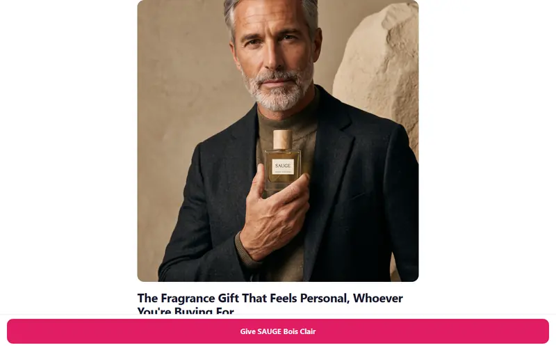 Listicle landing page generated by Scale for You for the SAUGE eau de parfum bottle: “The Fragrance Gift That Feels Personal, Whoever You're Buying For”