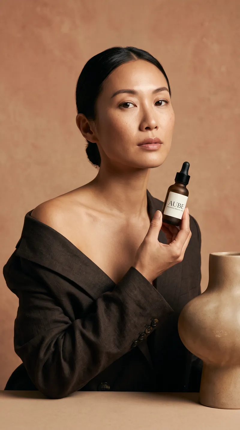 Campagne éditoriale générée par Scale for You : une mannequin pose avec le sérum AUBE en flacon compte-gouttes ambré dans un décor stylisé
